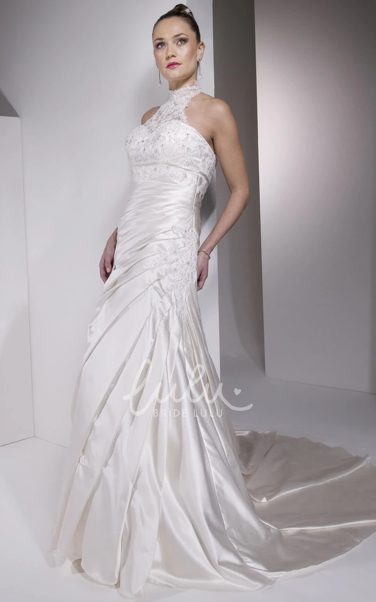 High Neck Sleeveless Satin Wedding Dress with Illusion Back Sheath Style Appliques