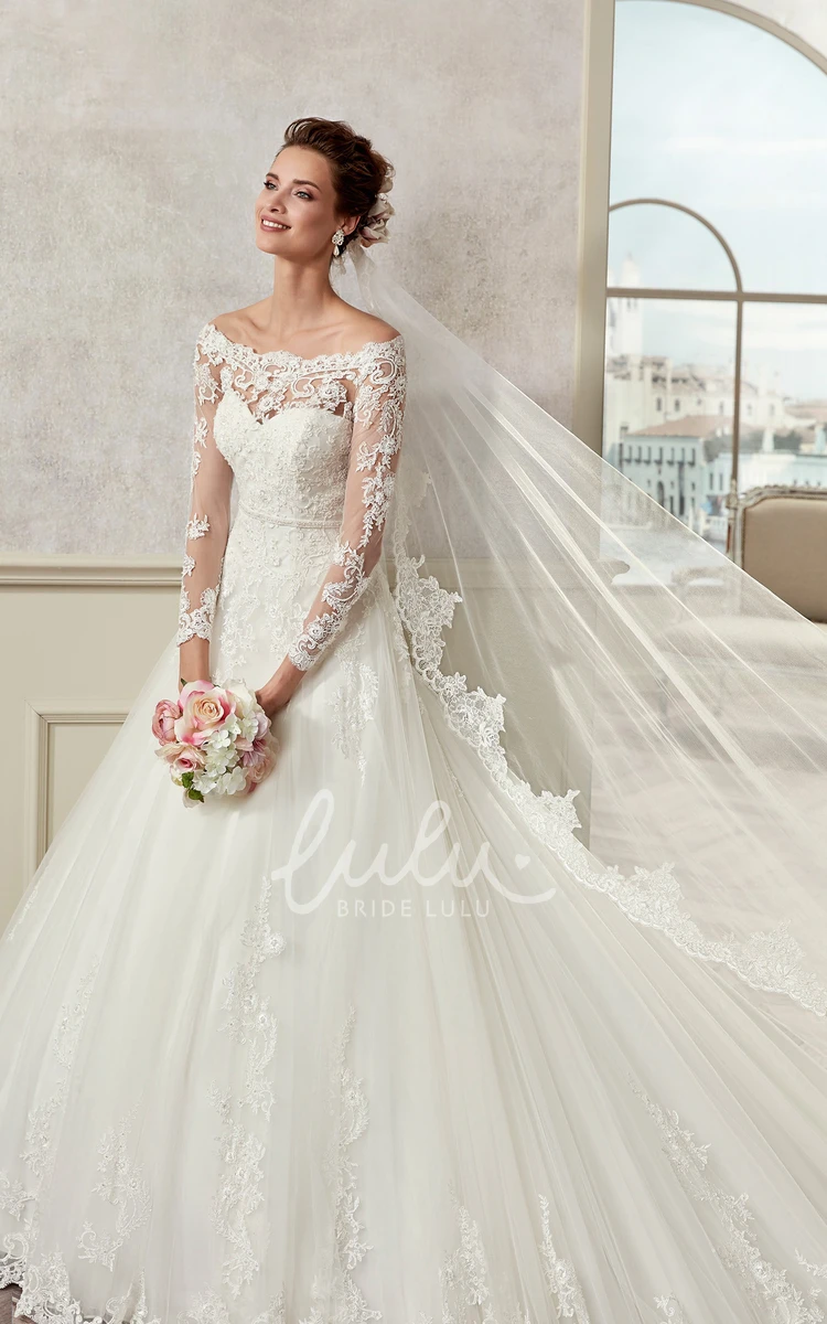 Off-Shoulder A-Line Wedding Dress with Illusive Design and Brush Train