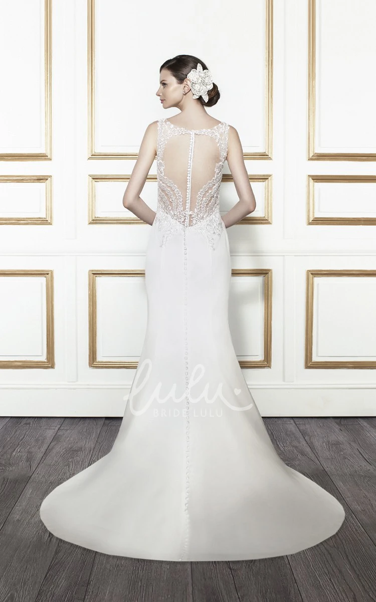 Sleeveless Satin Appliqued Trumpet Wedding Dress with Illusion Back Floor-Length