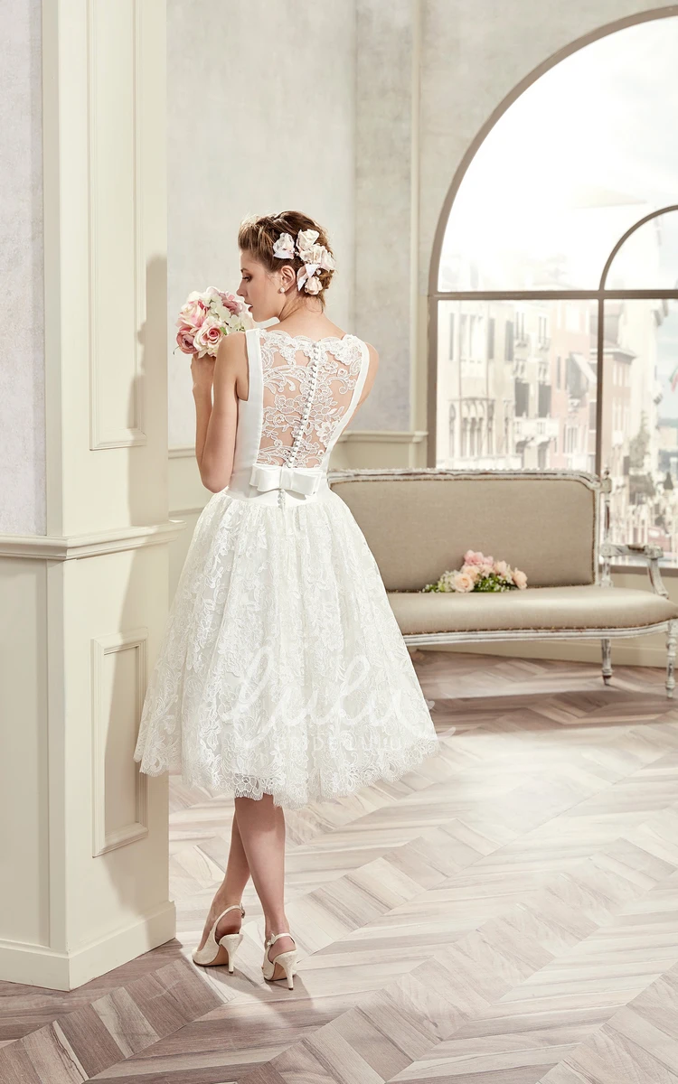 Knee-Length Jewel-Neck Wedding Dress with Satin Bodice and Illusive Lace Back Simple Bridal Gown