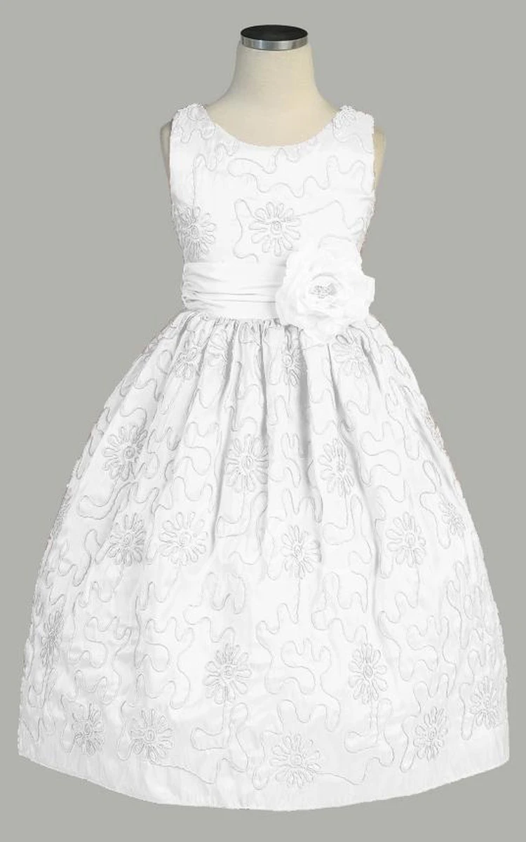 Embroidered Taffeta Floral Tea-Length Girl Dress with Bow