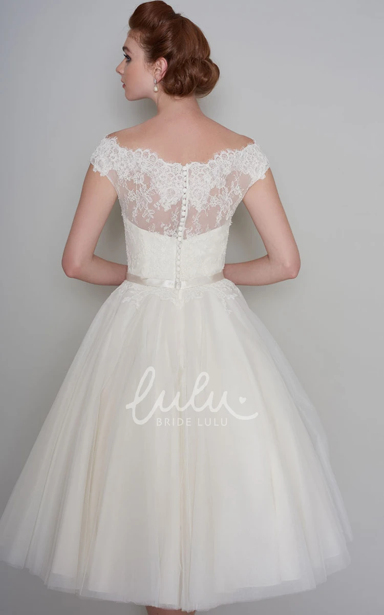 Vintage Lace V-neck Tea Length Wedding Dress with Cap Sleeves and Buttons