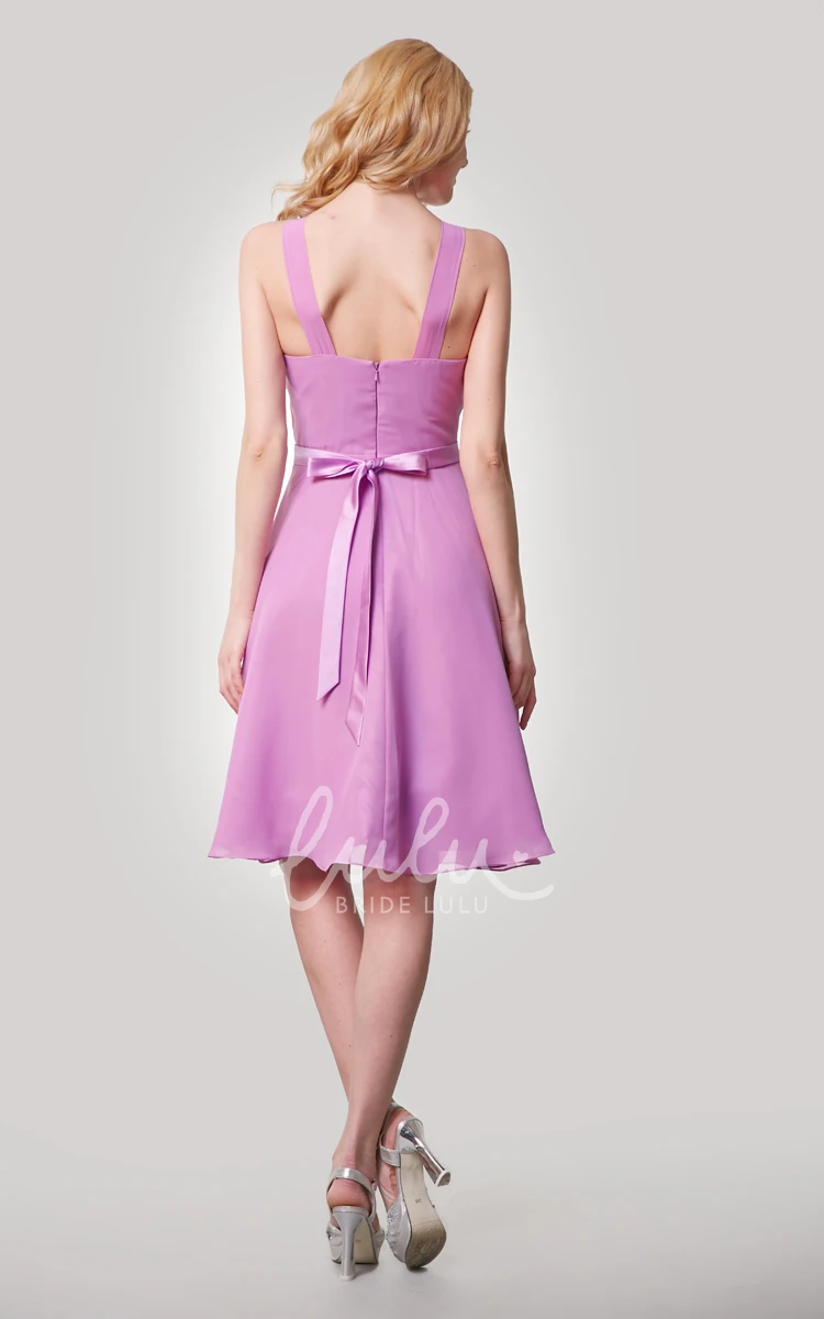 Knee Length A-Line Chiffon Dress with Straps and Satin Bow Sash for Women