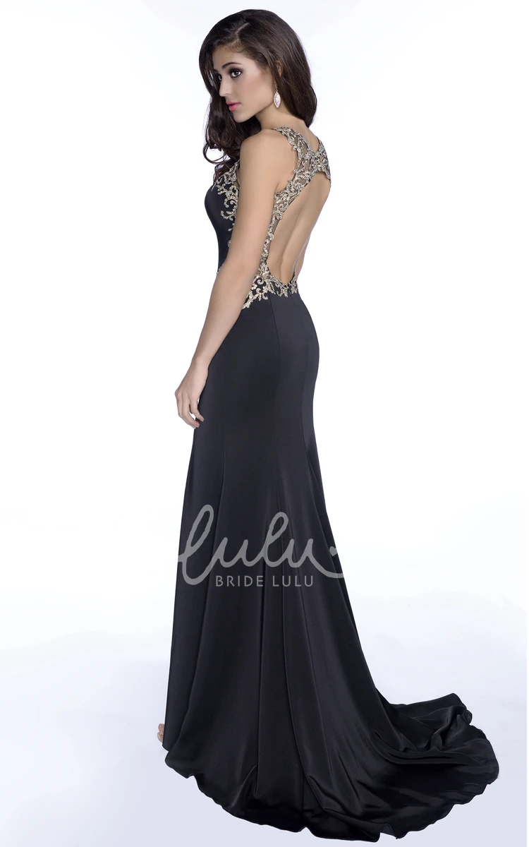 Mermaid Jersey Prom Dress with Rhinestone Appliques and Keyhole Back Sleeveless