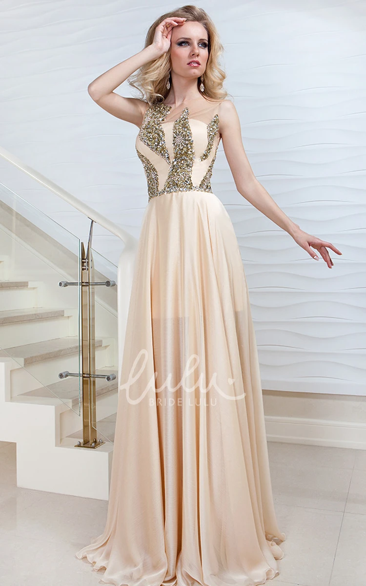 Beaded Satin Sleeveless Sheath Prom Dress with Scoop Neckline and Floor-Length