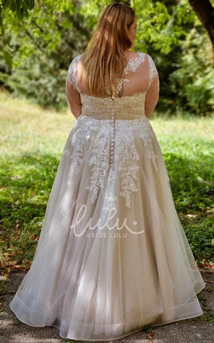 Long Sleeved Tulle A Line Wedding Dress with V-neck and Appliques Floor-length
