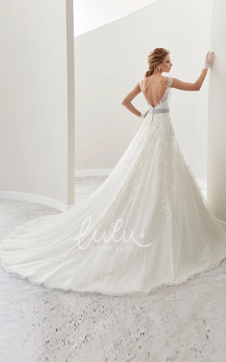 Lace Cap Sleeve Wedding Dress with Flower Satin Sash and Open Back