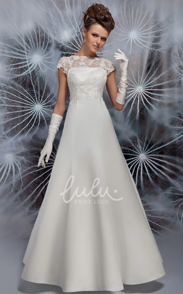 Jewel-Neck Cap-Sleeve Satin A-Line Wedding Dress with Illusion and Elegant Design