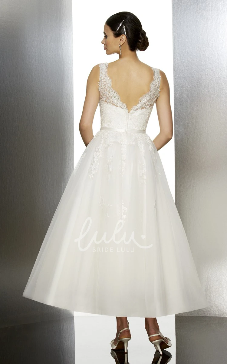 Jewel Neck Sleeveless Tea-Length Tulle A-Line Wedding Dress Simple Bridal Gown