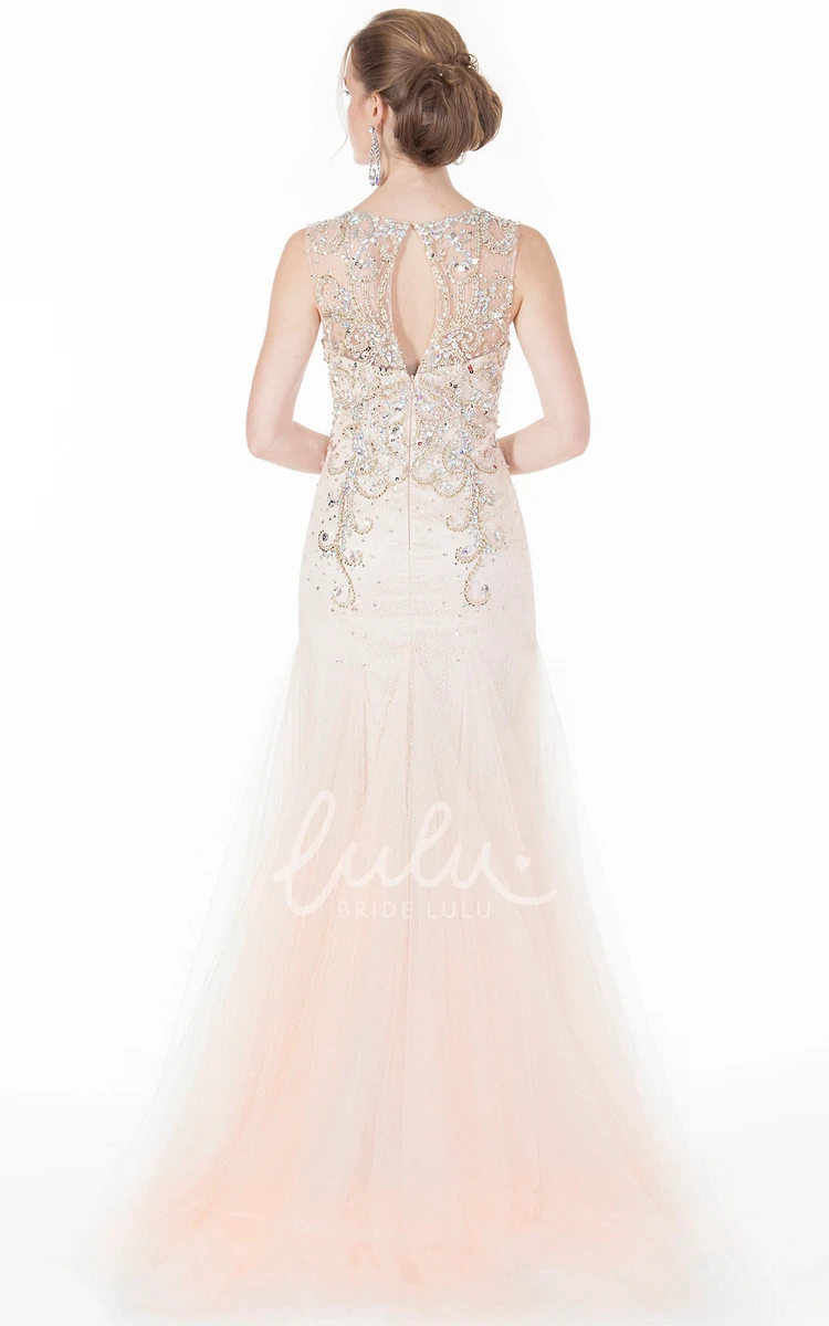 Jewel-Neck Beaded A-Line Tulle Prom Dress Floor-Length Sleeveless