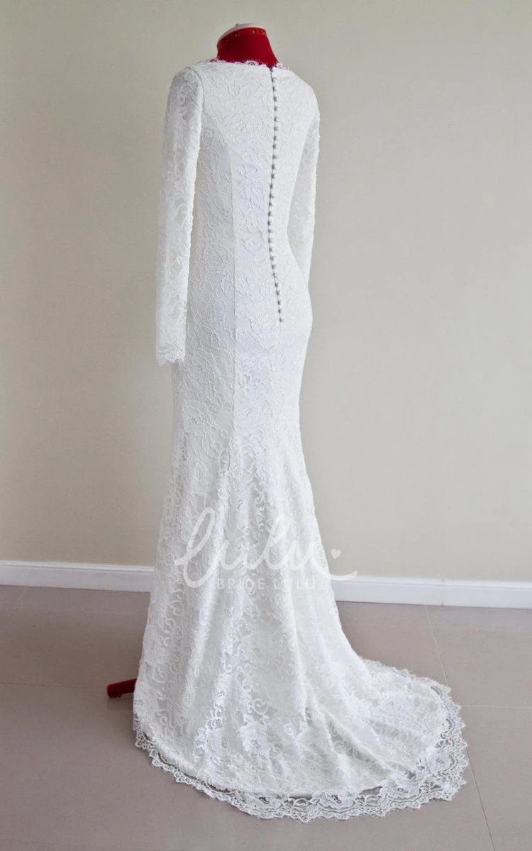 Long Sleeve Mermaid Wedding Dress Lace Bateau Neck Buttoned Back Elegant Modern