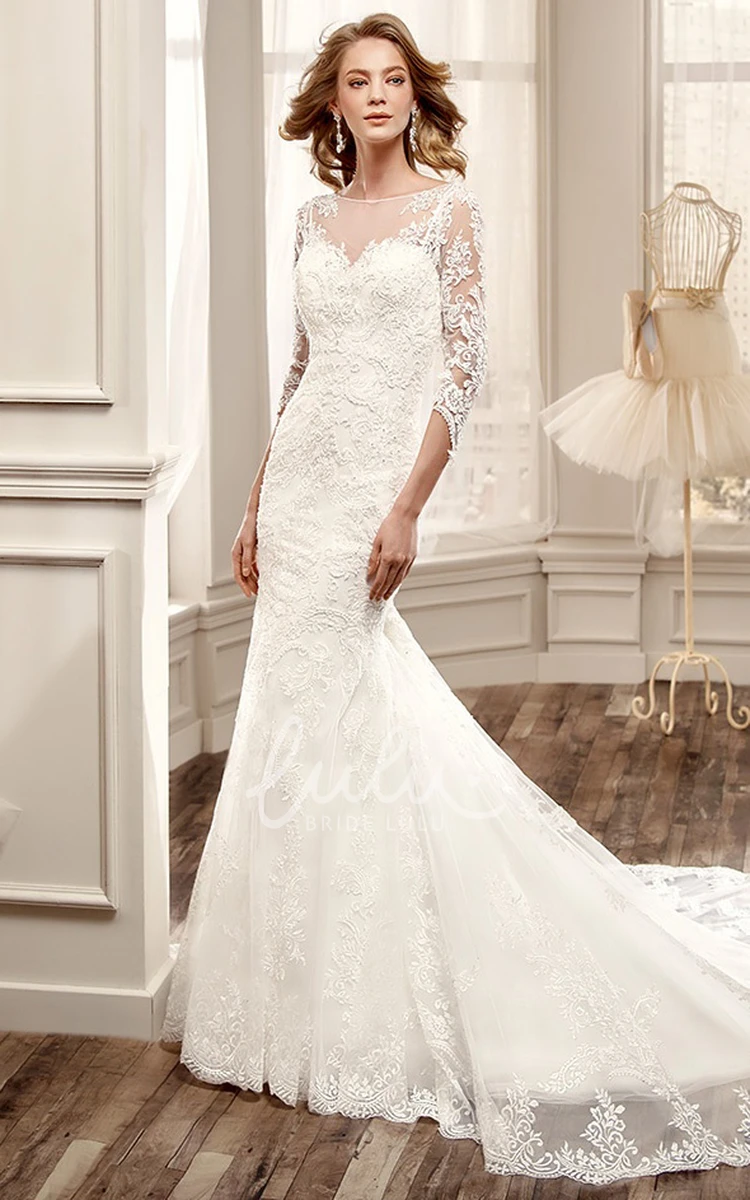 Illusion Back Mermaid Lace Wedding Dress with Court Train 3/4 Sleeve