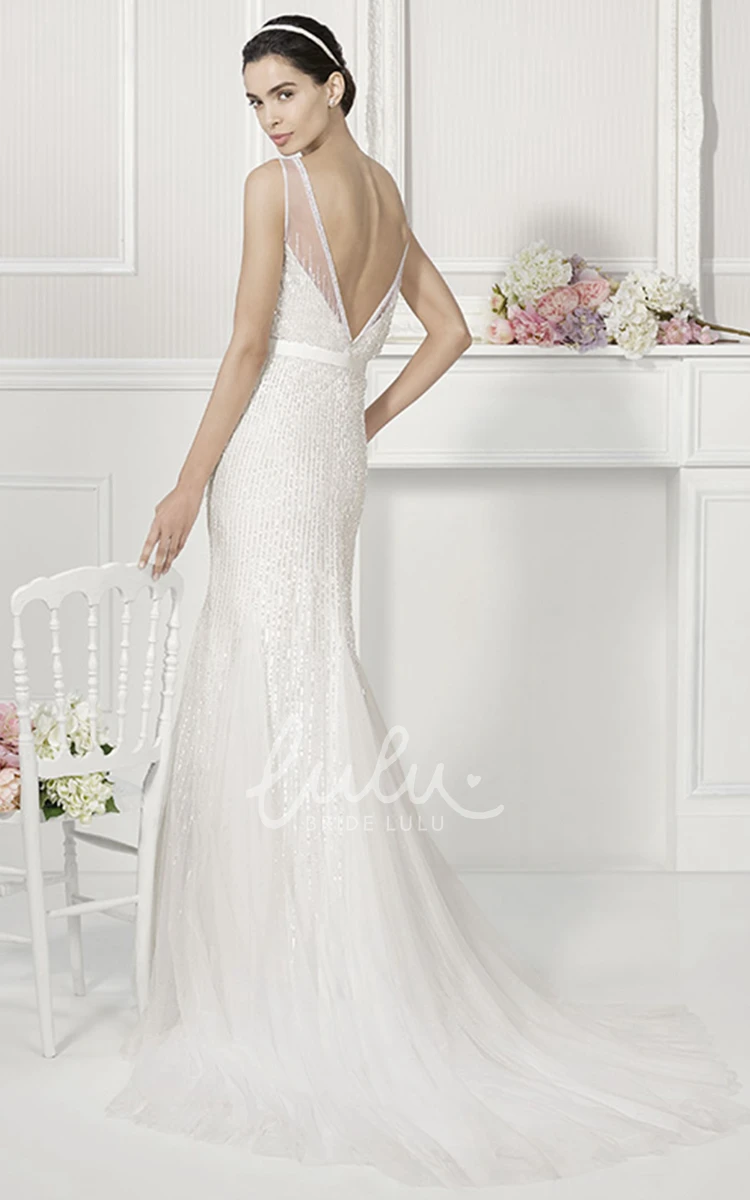 Sheath Tulle Wedding Dress with Jewel Neck V-Back and Belt