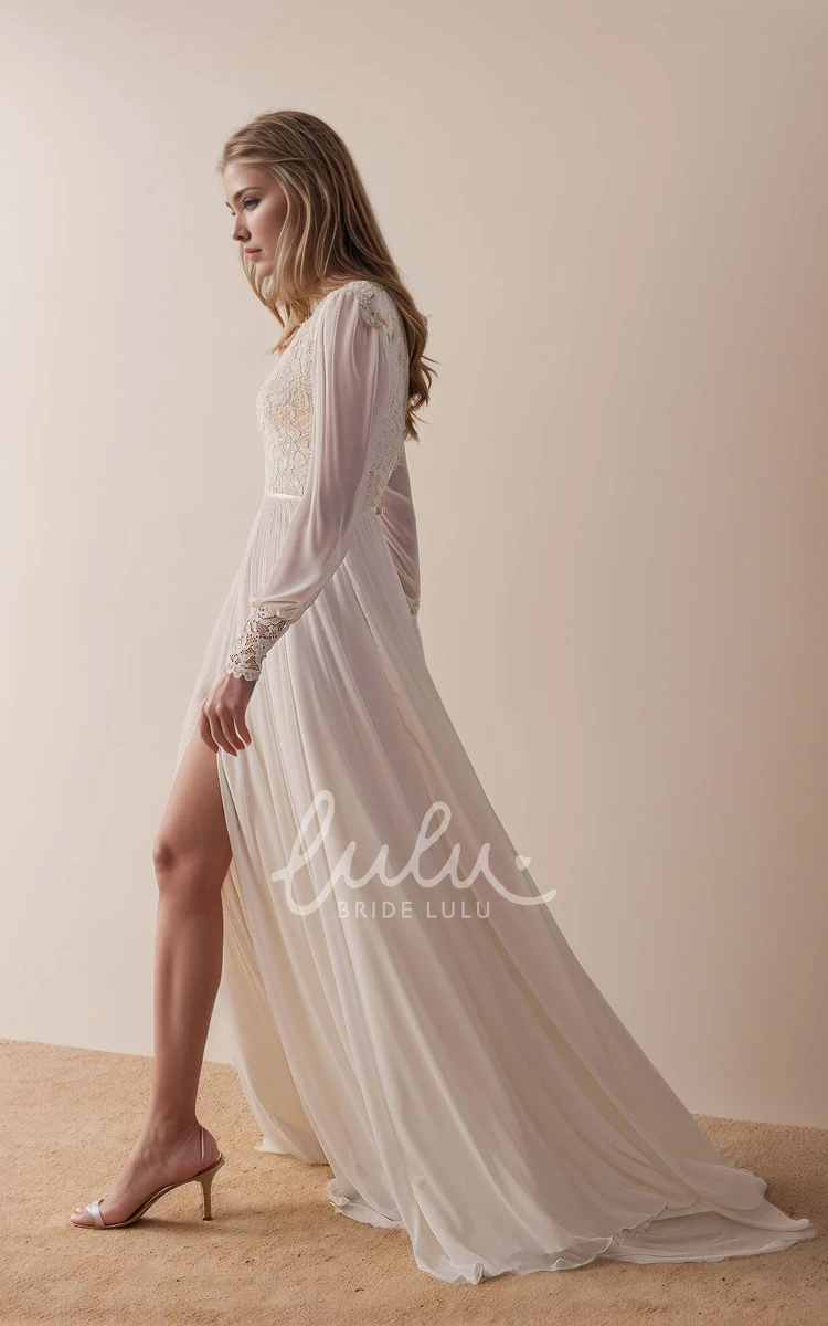 Romantic Elegant Boho Fall Long Sleeve A-Line Lace Chiffon Wedding Dress with Sash Flowy Modest Split Front V-Neck Low Back Court Train Reception Bridal Gown