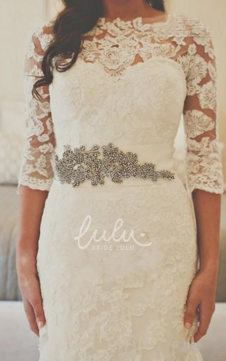 Illusion Tulle Wedding Dress with Lace Appliques Elegant 3/4 Sleeve Bridal Gown