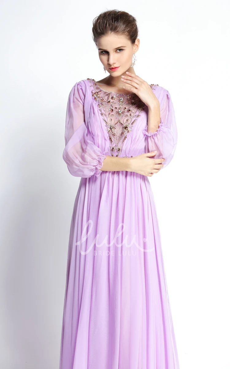 Long Sleeve A-Line Chiffon Prom Dress with Beading and Pleats Floor-length Sweep Brush Train