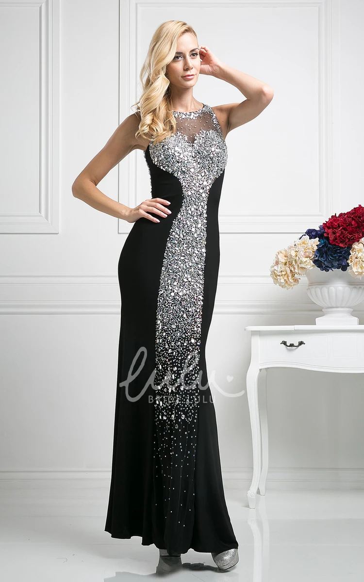 Crystal Detailing Chiffon Sheath Dress with Jewel-Neck and Keyhole