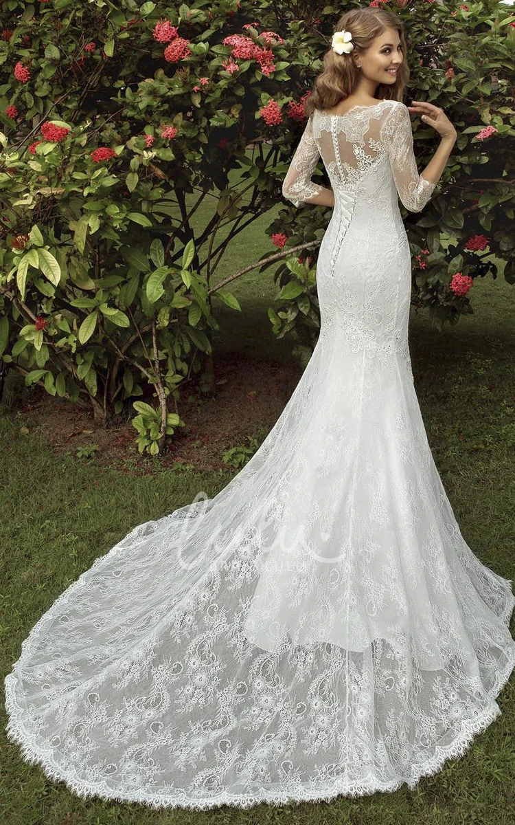 Lace Trumpet Floor-Length Wedding Dress with Scoop-Neck and T-Shirt Sleeves