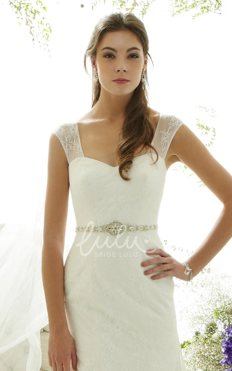 Sleeveless Lace Wedding Dress with Queen Anne Neckline Jeweled Waist and Illusion Detail