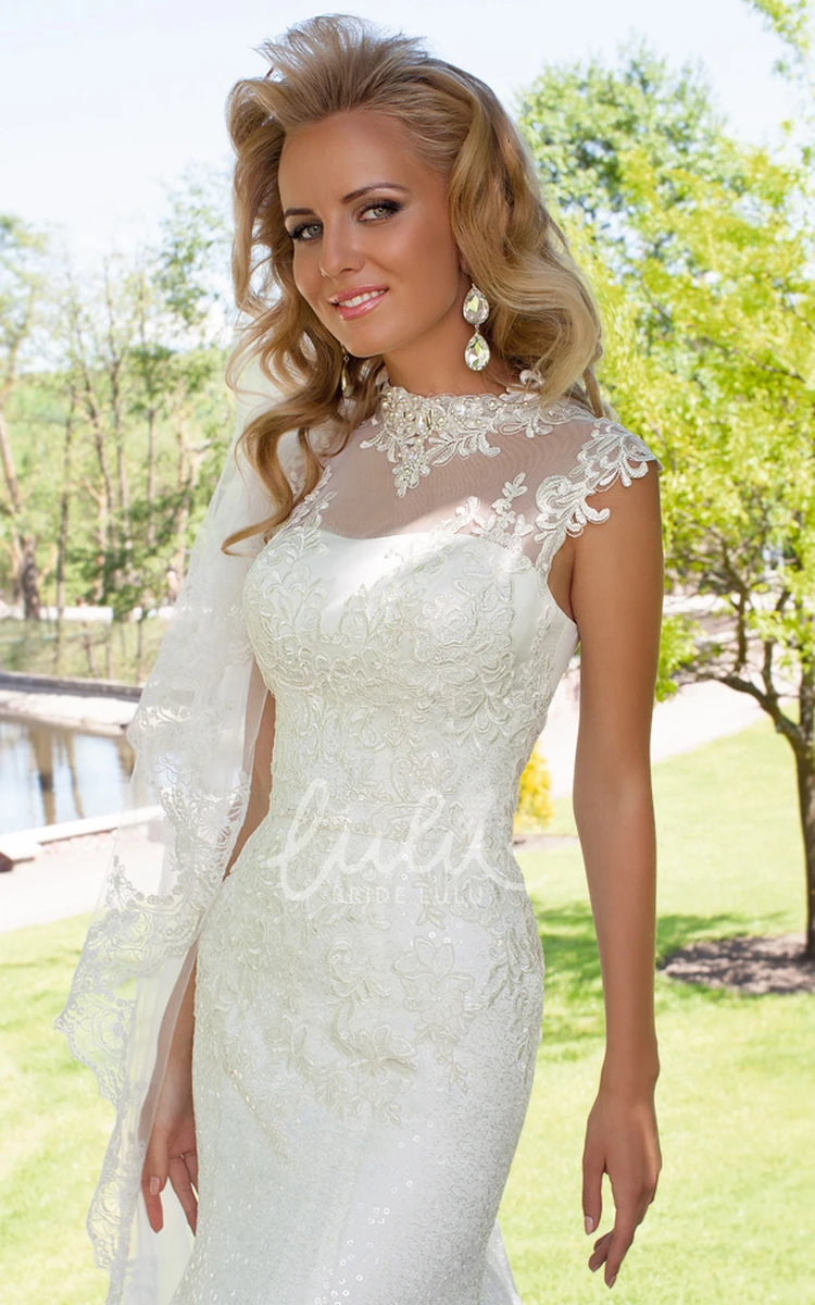 High Neck Sheath Lace Wedding Dress With Keyhole Back Beading and Cap-Sleeves