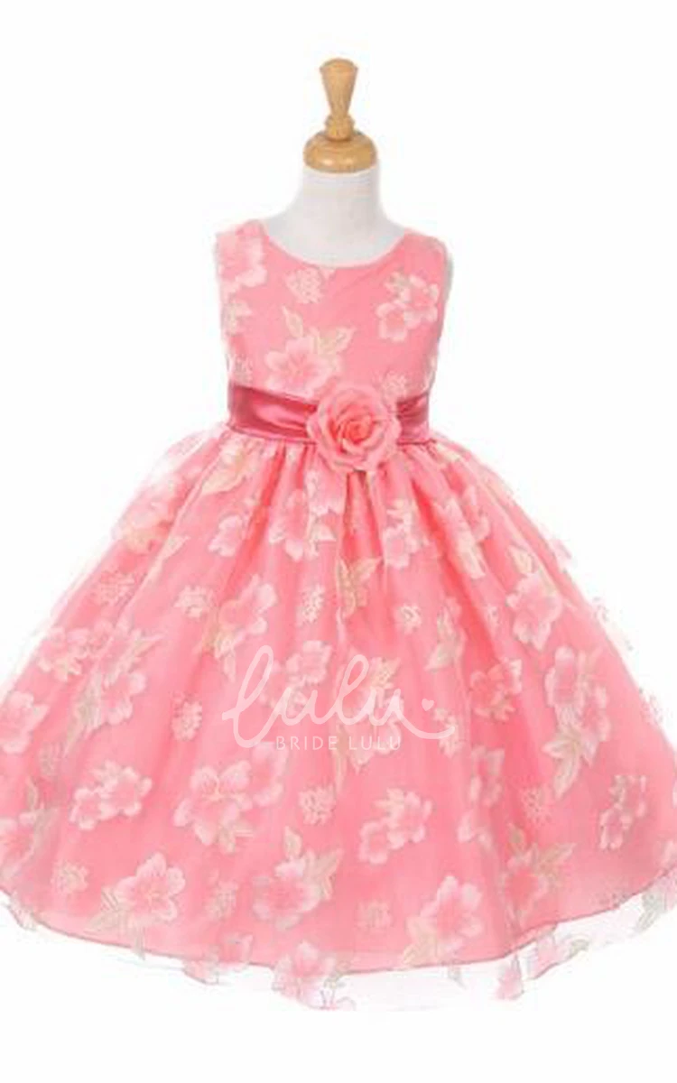 Tiered Satin Tea-Length Flower Girl Dress with Organza