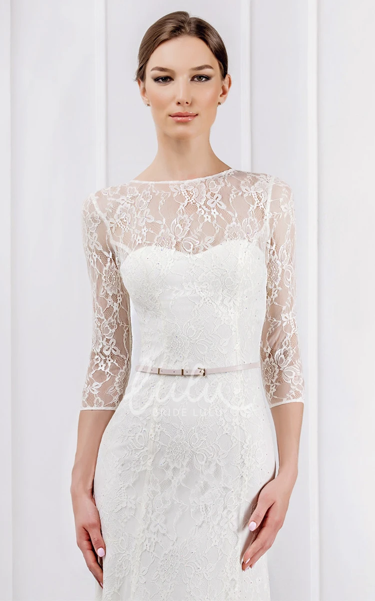 Lace 3-4 Sleeve Wedding Dress with Brush Train Unique Wedding Dress