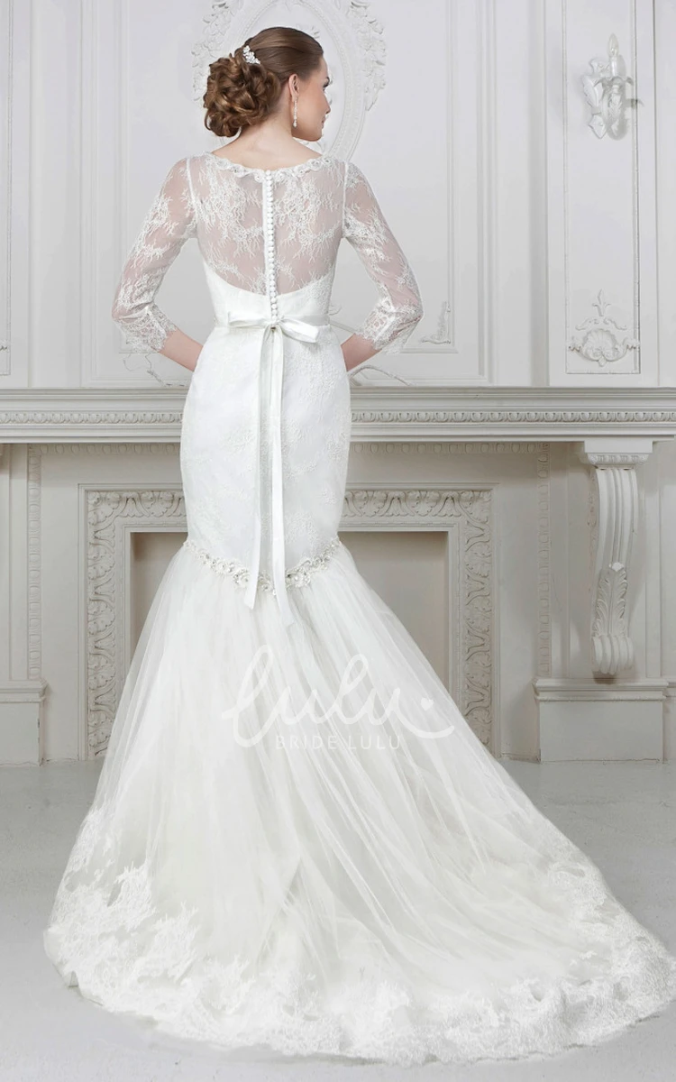 Lace Appliqued Trumpet V-Neck Wedding Dress with Beading and Waist Jewelry