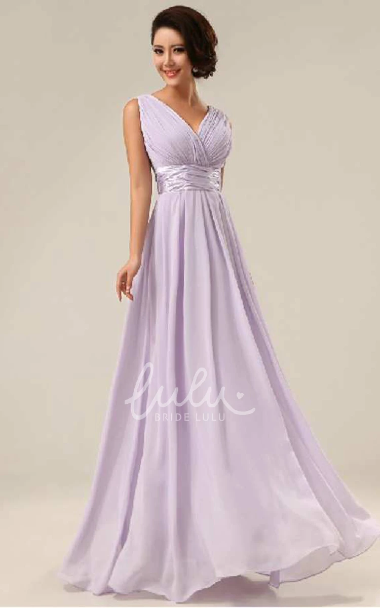 A-Line Chiffon Lace Dress Floor-Length Straps V-Neck Elegant Bridesmaid