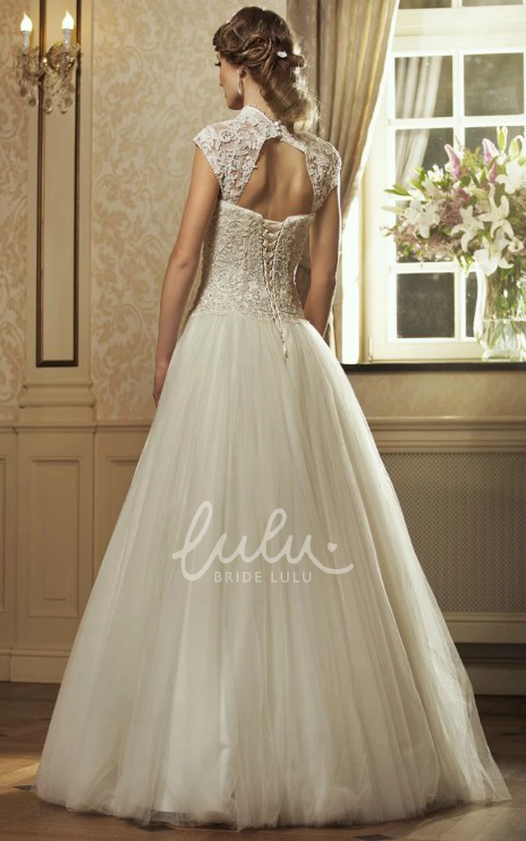 Long Tulle&Lace Queen-Anne A-Line Wedding Dress with Appliques Unique Wedding Dress