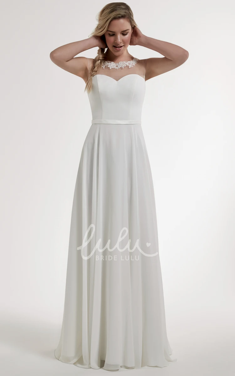 Sleeveless A-Line Satin Wedding Dress with Appliques and Illusion Back