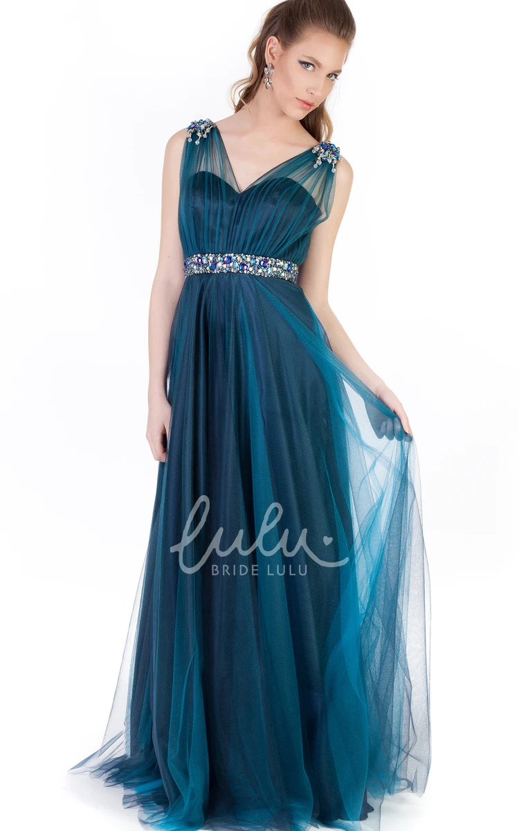 Sleeveless A-Line Tulle&Satin Prom Dress with Beaded Scoop-Neck and Pleats