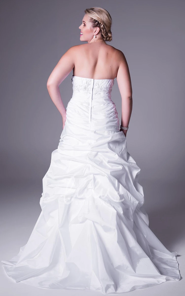 Satin Plus Size Wedding Dress Strapless with Appliques and Ruffles Sweep Train