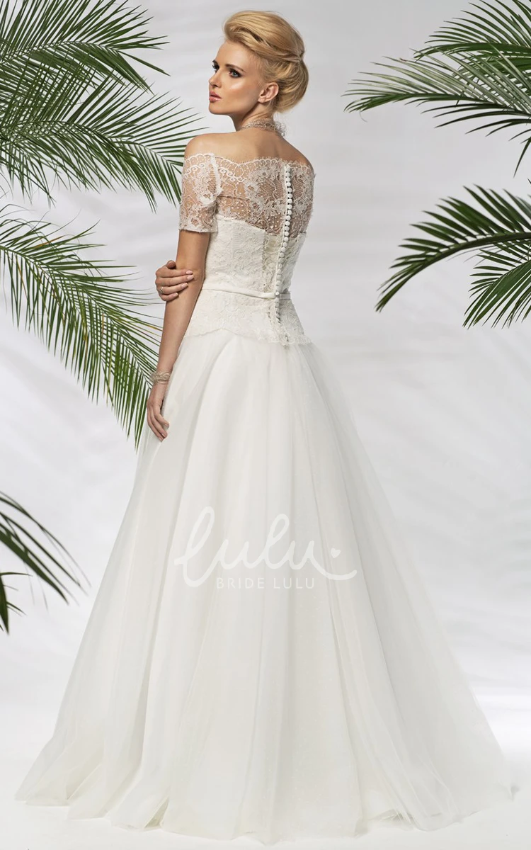 Off-The-Shoulder A-Line Tulle&Lace Wedding Dress Short-Sleeve Floor-Length