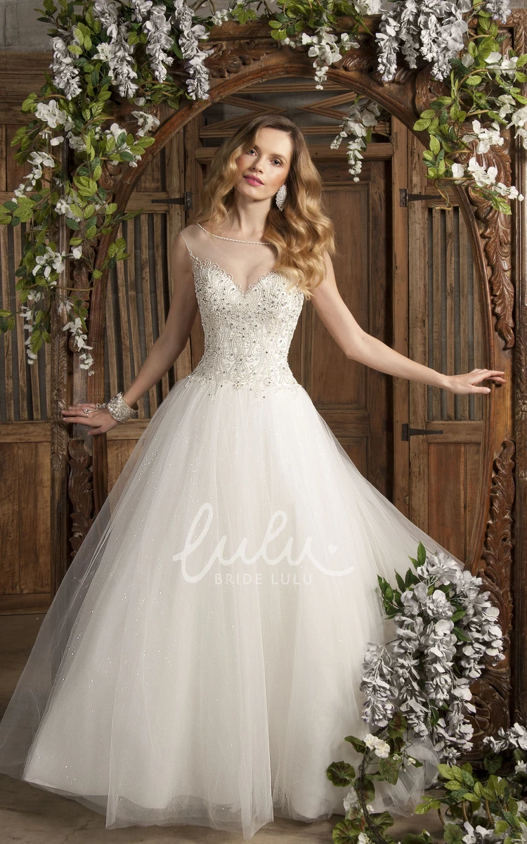 Ball Gown Appliqued Tulle Wedding Dress Sleeveless V-Neck Brush Train Flowy