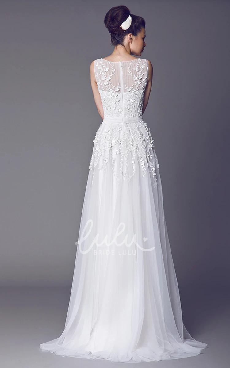 Illusion Back Tulle Wedding Dress with Pleats A-Line Sleeveless Long