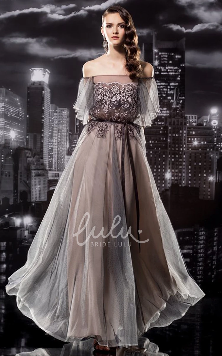 Off-The-Shoulder Tulle Prom Dress with Short Sleeves Illusion and Pleated Appliques