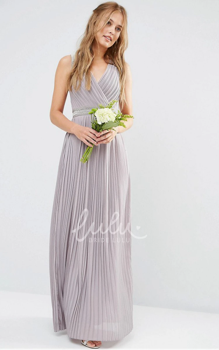 Ruched V-Neck Chiffon Bridesmaid Dress with Beading Ankle-Length