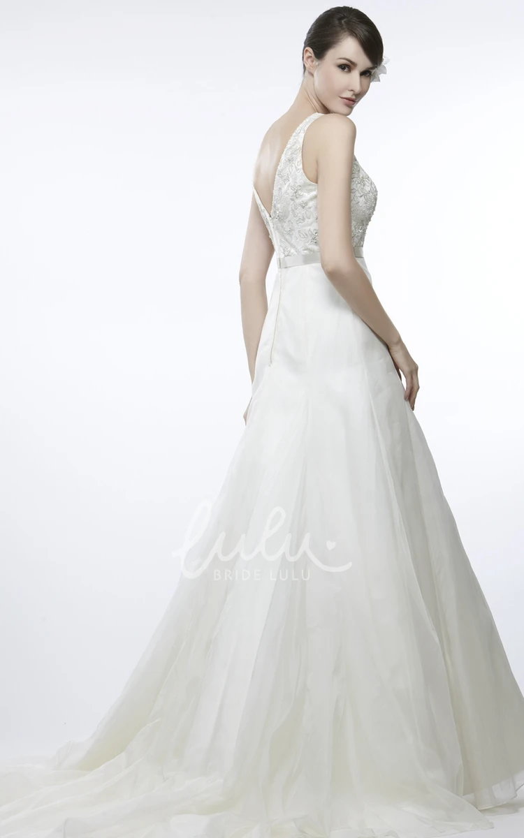 Maxi Tulle and Satin Wedding Dress with Court Train and V-Neck A-Line Style