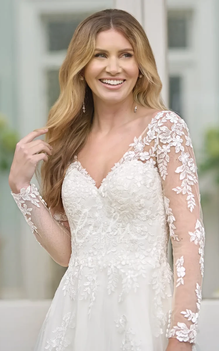 V Neck Romantic Tea Length Wedding Dress Modern Illusion Long Sleeves Lace Sweetheart Gown
