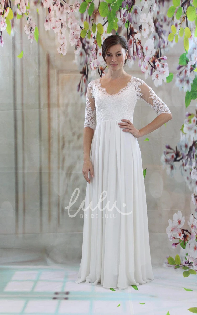 Pleated Lace and Chiffon Wedding Dress with Half Sleeves and V-Neck