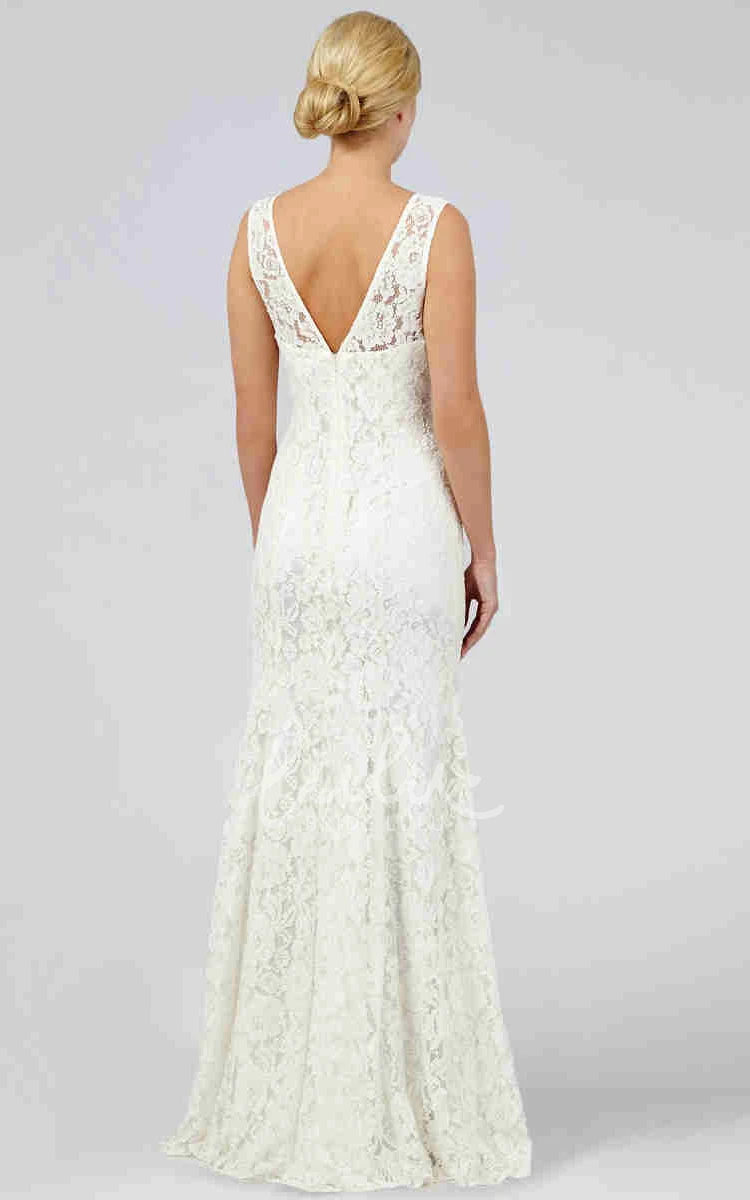 V-Back Sheath Lace Wedding Dress Floor-Length Scoop-Neck Bridal Gown