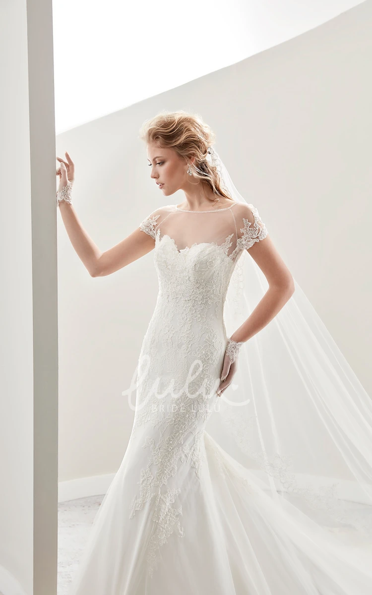 Jewel-Neck Illusion Sheath Wedding Dress with Court Train