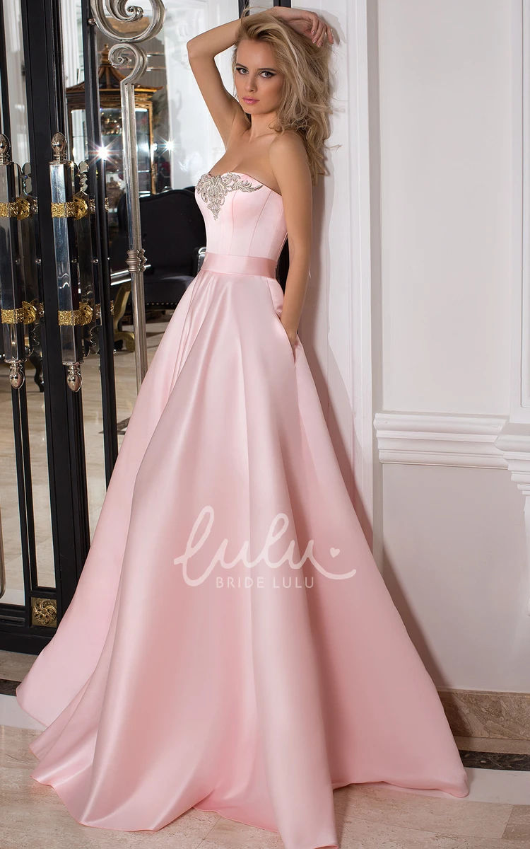 Beaded Strapless Satin Maxi Dress with Ribbon Unique Prom Dress 2024