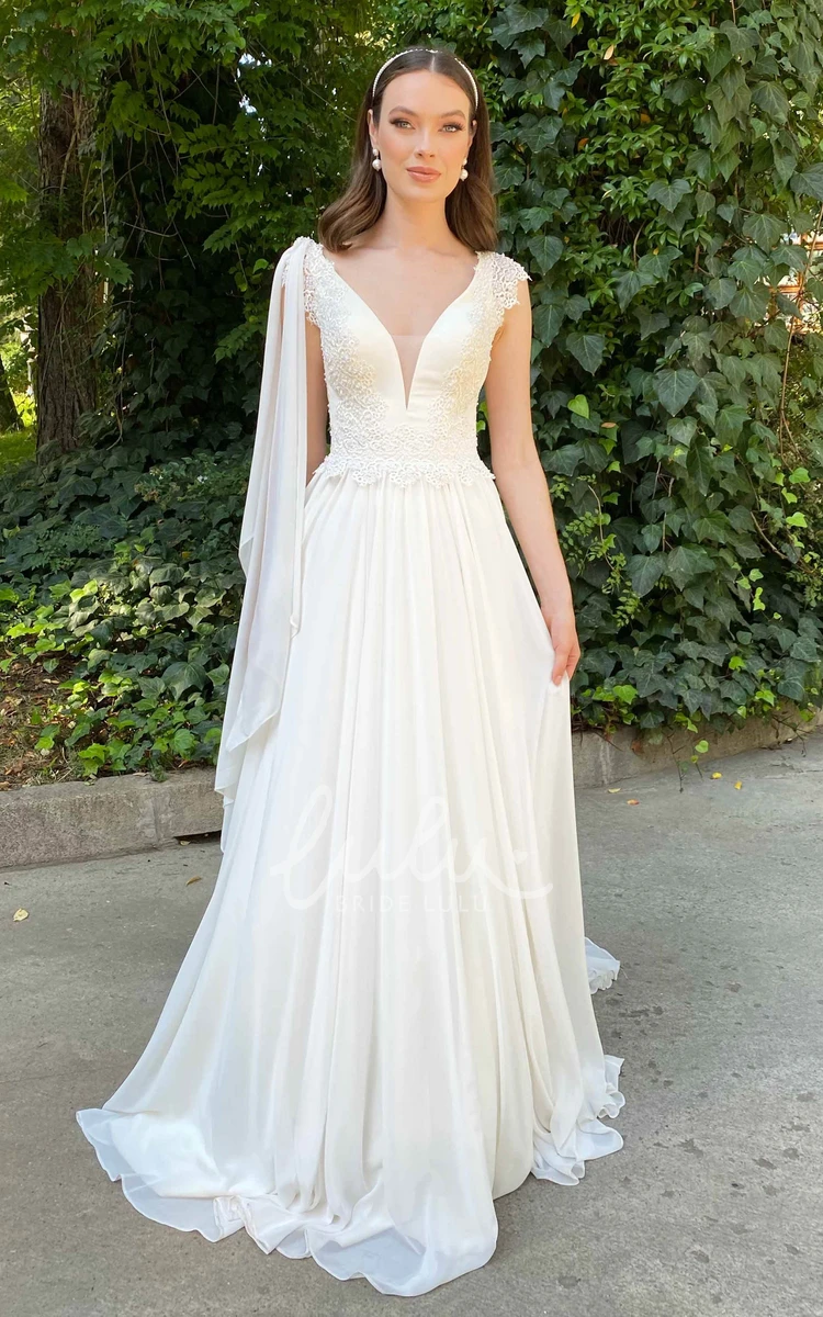 Chiffon V-neck A-line Wedding Dress with Court Train and Ruching Casual Wedding Dress