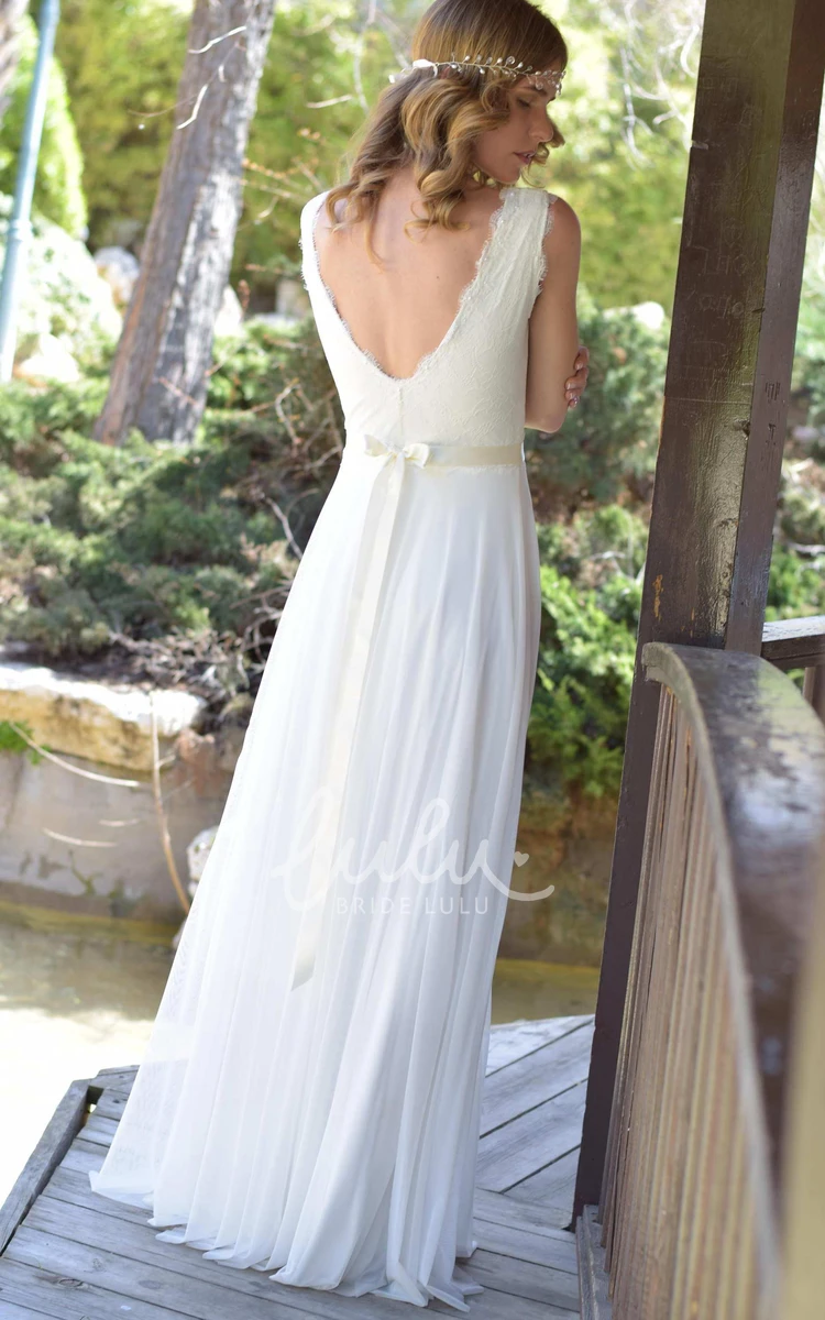 Sleeveless Chiffon Lace Wedding Dress with Plunging Neckline and Bow Detail