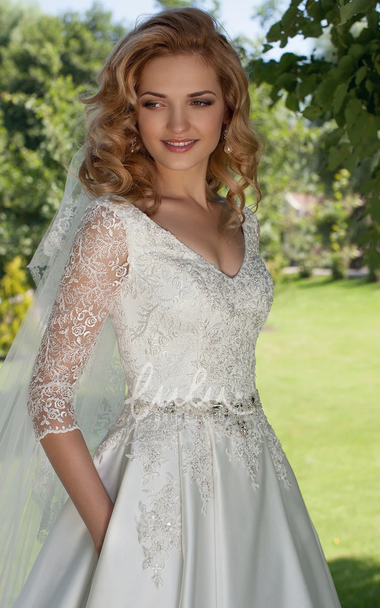 Satin A-Line V-Neck Wedding Dress with Appliques and 3/4 Sleeves