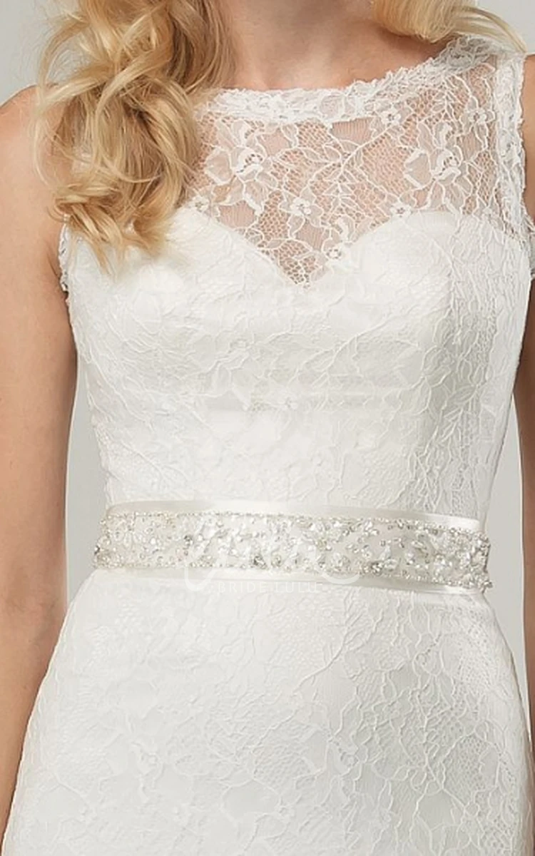 Long Lace Wedding Dress with Jeweled Scoop Neckline and Illusion Elegant Wedding Dress