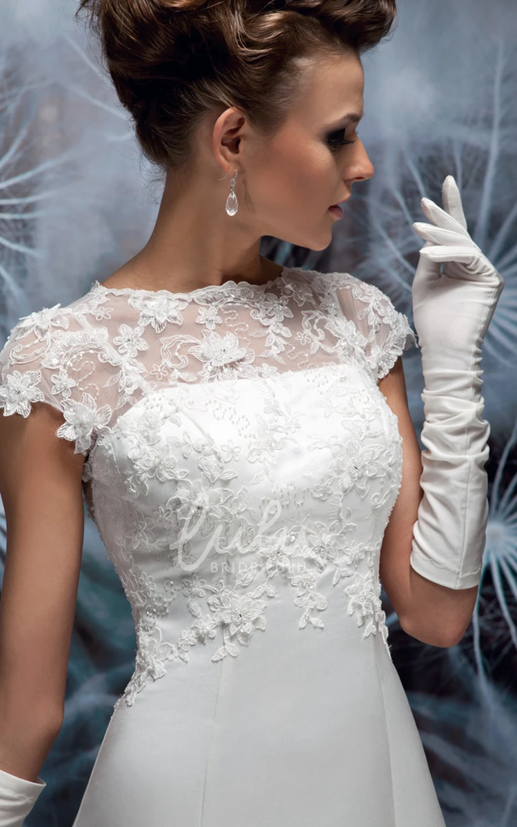 Jewel-Neck Cap-Sleeve Satin A-Line Wedding Dress with Illusion and Elegant Design