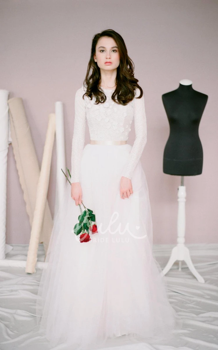 Modest A-Line Tulle Wedding Dress with Long Sleeves Jewel Neck Bridal Gown
