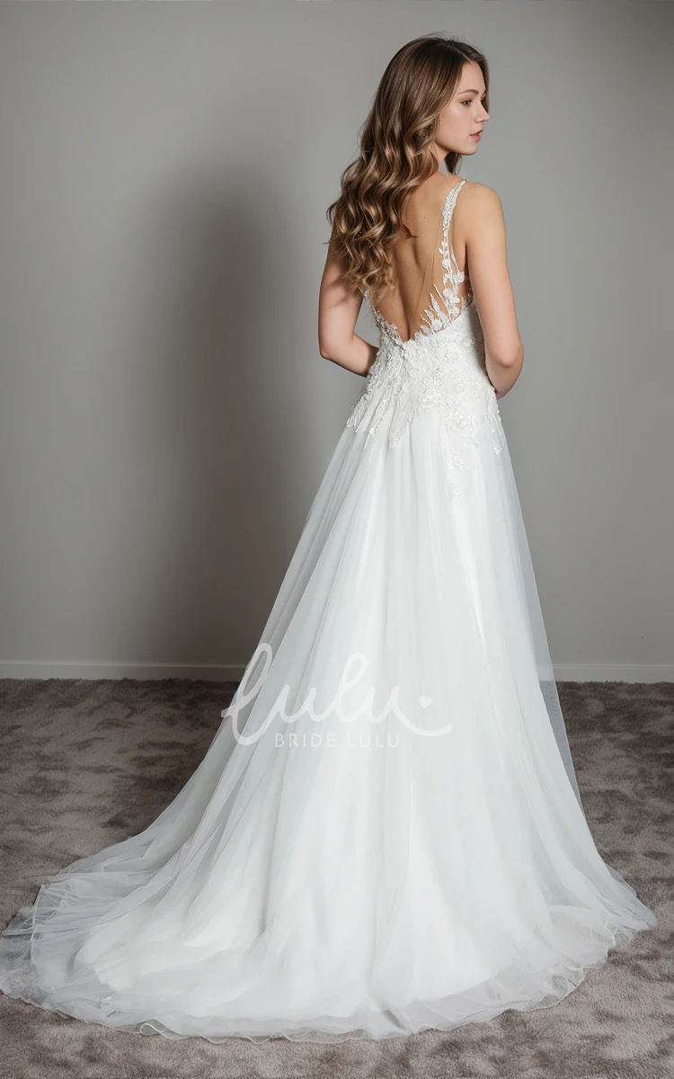 Elegant Sexy A-Line Straps Sleeveless Lace Flowers Tulle Wedding Dress Ethereal Romantic Garden Floor-length V-neck Bridal Gown with Train Deep-V Back